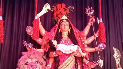 Durga Puja pandal in Kolkata by BJP leader Biswajit Sarkar depicts Bengal's post-poll violence with the Goddess shown as the mother of a dead child. (Twitter)