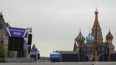 Russia-Ukraine War: A view shows banners and constructions erected ahead of an expected event, dedicated to the results of referendums. (Reuters)