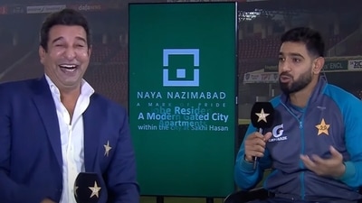 Wasim Akram and Haris Rauf shared a light moment after Pakistan's win over England in the 5th T20I (Screengrab) Wasim Akram and Haris Rauf shared a light moment after Pakistan's win over England in the 5th T20I (Screengrab)