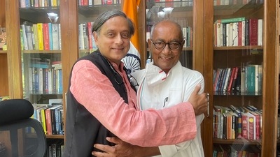 Congress MP Shashi Tharoor and veteran Congress leader Digvijay Singh in Delhi. Congress MP Shashi Tharoor and veteran Congress leader Digvijay Singh in Delhi.