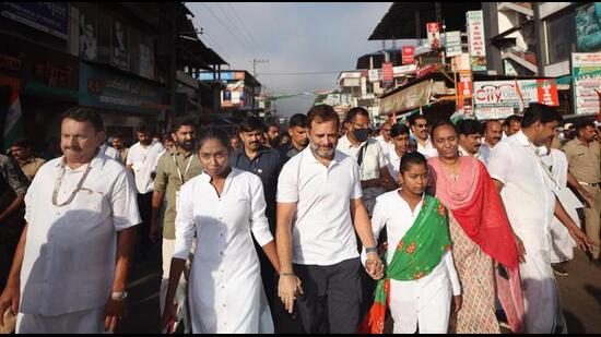 Congress leader Rahul Gandhi during the last leg of the Bharat Jodo Yatra in Kerala. (PTI)