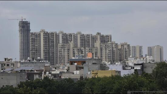 A view of high rise buildings in Gurugram. During a review meeting on September 9, MCG commissioner Mukesh Kumar Ahuja directed property tax wing officials to overhaul the system by September 20 and also form a separate NDC cell for the creation of property IDs, redressal of complaints and other citizen services. (Vipin Kumar/HT Photo)