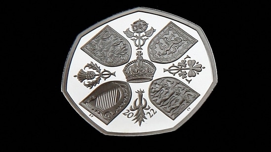 The reverse side of the official 50 pence coin which carries the effigy of Britain’s King Charles III.(REUTERS)