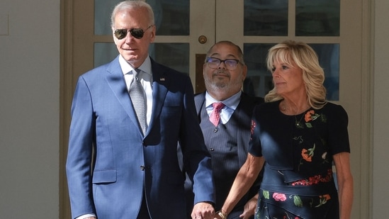 Joe Biden: US President Joe Biden, with First Lady Jill Biden in the Rose Garden of the White House in Washington, DC. Joe Biden: US President Joe Biden, with First Lady Jill Biden in the Rose Garden of the White House in Washington, DC.