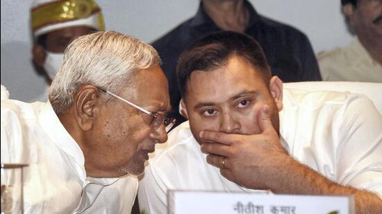 Bihar chief minister Nitish Kumar with deputy chief minister Tejashwi Yadav at an event in Patna on Tuesday. (PTI File Photo)