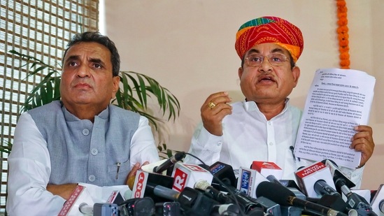 Congress leader and RTDC chairman Dharmendra Rathore and Rajasthan minister of disaster management and Congress MLA Govind Ram Meghwal address a press conference in Jaipur on Thursday (PTI) Congress leader and RTDC chairman Dharmendra Rathore and Rajasthan minister of disaster management and Congress MLA Govind Ram Meghwal address a press conference in Jaipur on Thursday (PTI)