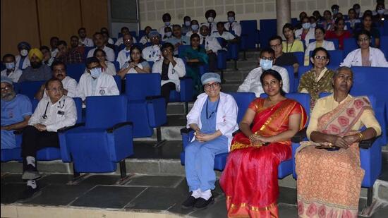 Attendees during a talk on cardiovascular disease to observe World Heart Day at DMCH in Ludhiana. (Harvinder Singh/HT)