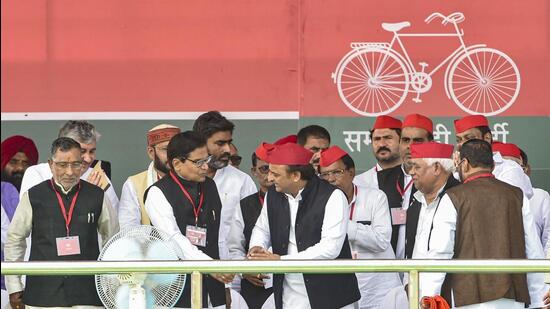 Samajwadi Party chief Akhilesh Yadav at the party's national convention in Lucknow. (PTI)