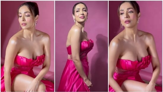 Malaika Arora poses for a photoshoot in a strapless hot pink gown.&nbsp;