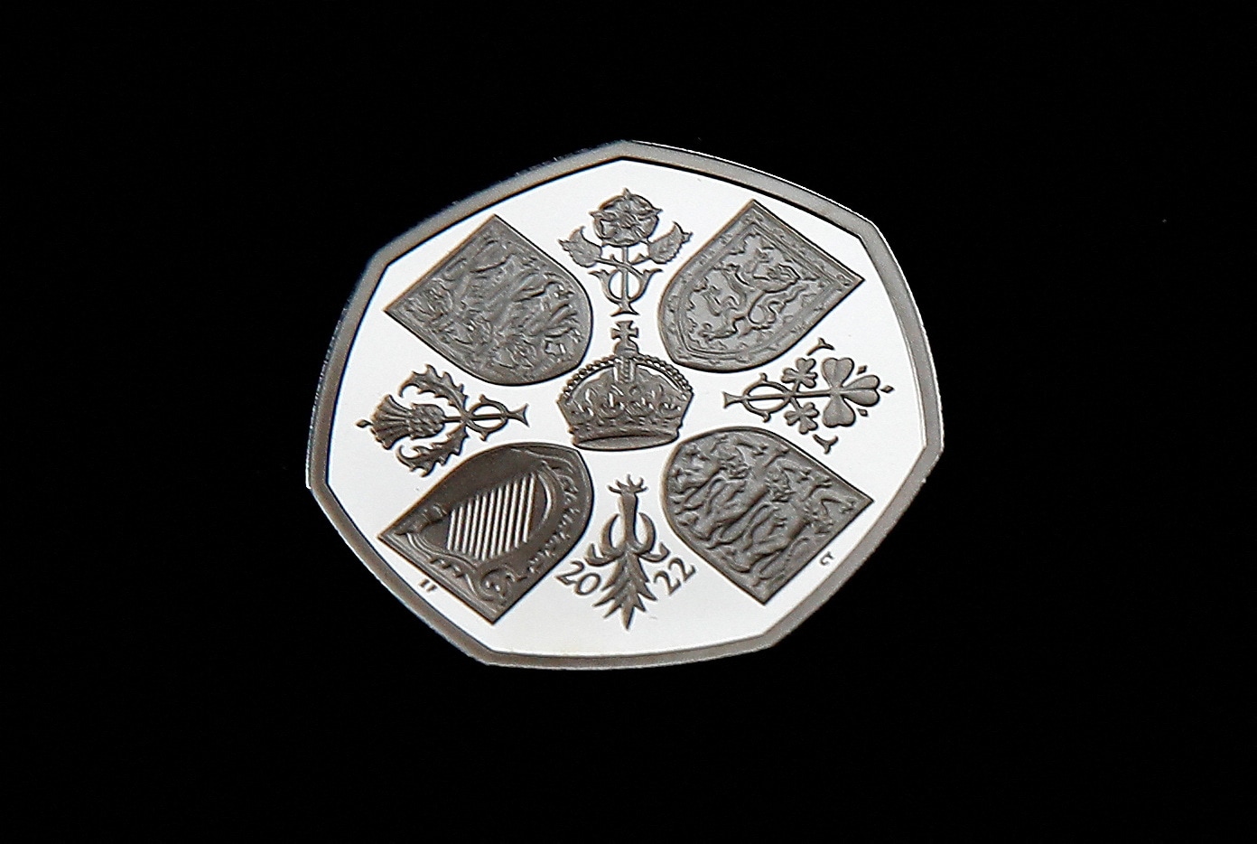 The reverse side of the official 50 pence coin which carries the effigy of Britain’s King Charles III. (REUTERS)