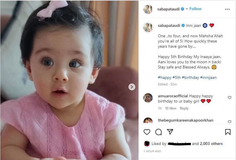 Saba also wished Inaaya with a series of posts on her Instagram.