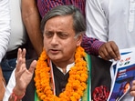 Shashi Tharoor addresses a press conference after filing his nomination papers for the post of Congress President, at AICC headquarters in New Delhi.&nbsp;