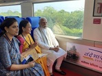Modi takes a ride on the newly launched Vande Bharat train. (ANI) Modi takes a ride on the newly launched Vande Bharat train. (ANI)