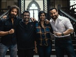 Hrithik Roshan and Saif Ali Khan with directors Pushkar and Gayatri on the sets of Vikram Vedha. Hrithik Roshan and Saif Ali Khan with directors Pushkar and Gayatri on the sets of Vikram Vedha.