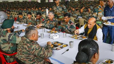 Defence minister Rajnath Singh in Tezpur. (PTI) Defence minister Rajnath Singh in Tezpur. (PTI)