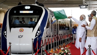 Prime Minister Narendra Modi flags off the Vande Bharat Express between Gandhinagar and Mumbai at Gandhinagar station. (ANI Photo) Prime Minister Narendra Modi flags off the Vande Bharat Express between Gandhinagar and Mumbai at Gandhinagar station. (ANI Photo)