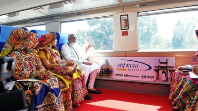 Prime Minister Narendra Modi interacts with women in traditional outfits while riding in Vande Bharat Express. (ANI) Prime Minister Narendra Modi interacts with women in traditional outfits while riding in Vande Bharat Express. (ANI) 