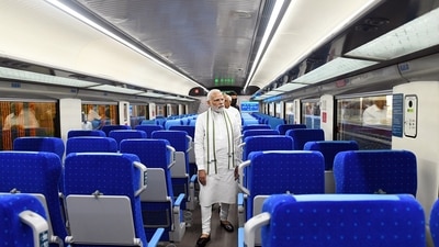 Prime Minister Narendra Modi in the Vande Bharat Express at Gandhinagar station. (ANI/ PIB) Prime Minister Narendra Modi in the Vande Bharat Express at Gandhinagar station. (ANI/ PIB)
