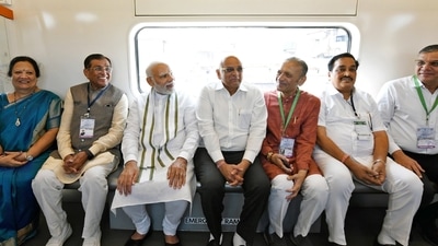 Prime Minister Narendra Modi with other officials during his ride in Vande Bharat Express at Gandhinagar station. (ANI) Prime Minister Narendra Modi with other officials during his ride in Vande Bharat Express at Gandhinagar station. (ANI)