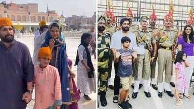 Allu Arjun with Sneha Reddy, children Ayaan and Arha at Golden temple and Wagah border with jawans. Allu Arjun with Sneha Reddy, children Ayaan and Arha at Golden temple and Wagah border with jawans. 