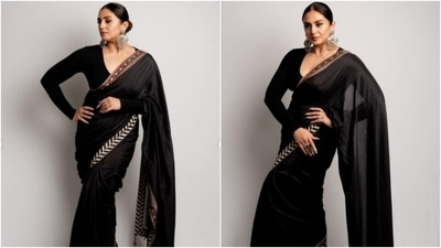 Huma Qureshi’s black georgette saree is a Navratri wardrobe must-have (Instagram/@iamhumaq) Huma Qureshi’s black georgette saree is a Navratri wardrobe must-have (Instagram/@iamhumaq)