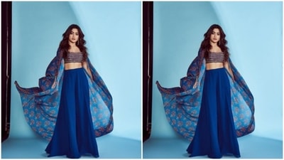 Rashmika played muse to fashion designer house DiyaRajvvir and picked a bright blue ensemble for the pictures. (Instagram/@rashmika_mandanna) Rashmika played muse to fashion designer house DiyaRajvvir and picked a bright blue ensemble for the pictures. (Instagram/@rashmika_mandanna)