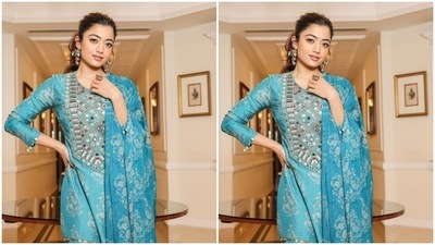 In a bright blue kurta with embellishments, and a pair of sharara with the same patterns, Rashmika looked festive ready. (Instagram/@rashmika_mandanna) In a bright blue kurta with embellishments, and a pair of sharara with the same patterns, Rashmika looked festive ready. (Instagram/@rashmika_mandanna)