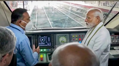 Prime Minister Narendra Modi onboard the Gandhinagar-Mumbai Vande Bharat Express train, in Gandhinagar. (PTI) Prime Minister Narendra Modi onboard the Gandhinagar-Mumbai Vande Bharat Express train, in Gandhinagar. (PTI)