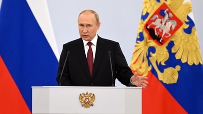President Vladimir Putin speaks during celebrations marking the incorporation of regions of Ukraine to join Russia. (AP) President Vladimir Putin speaks during celebrations marking the incorporation of regions of Ukraine to join Russia. (AP)
