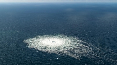 A large disturbance in the sea off the coast of the Danish island of Bornholm, September. 27, 2022 following a series of unusual leaks on two natural gas pipelines running from Russia under the Baltic Sea to Germany have triggered concerns about possible sabotage. (AP) A large disturbance in the sea off the coast of the Danish island of Bornholm, September. 27, 2022 following a series of unusual leaks on two natural gas pipelines running from Russia under the Baltic Sea to Germany have triggered concerns about possible sabotage. (AP)