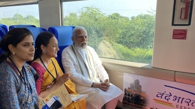 Modi takes a ride on the newly launched Vande Bharat train. (ANI) Modi takes a ride on the newly launched Vande Bharat train. (ANI)