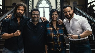 Hrithik Roshan and Saif Ali Khan with directors Pushkar and Gayatri on the sets of Vikram Vedha. Hrithik Roshan and Saif Ali Khan with directors Pushkar and Gayatri on the sets of Vikram Vedha.