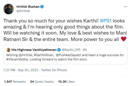 Hrithik Roshan and Karthi praise each other's films Vikram Vedha and Ponniyin Selvan I. Hrithik Roshan and Karthi praise each other's films Vikram Vedha and Ponniyin Selvan I.