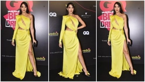 Nora Fatehi dons a cut-out gown from Roberto Cavalli for the awards night. (HT Photo/Varinder Chawla) Nora Fatehi dons a cut-out gown from Roberto Cavalli for the awards night. (HT Photo/Varinder Chawla)