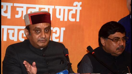 Rajya Sabha member and BJP national spokesperson Sudhanshu Trivedi addressing the media during a press conference in Shimla on Friday. He said the PM considers Himachal as his second home. (Deepak Sansta/HT Photo)