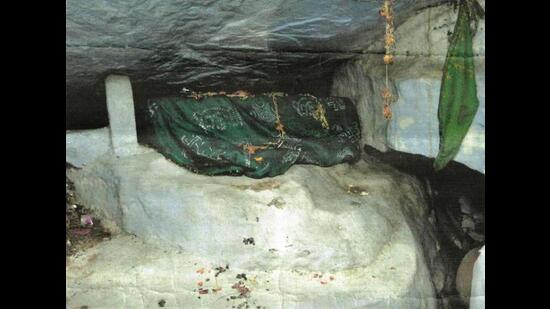 The ‘shrouded’ rock that bears the inscription. (HT Photo)