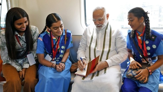 "PM @narendramodi is on board the Vande Bharat Express from Gandhinagar to Ahmedabad. People from different walks of life, including those from the Railways family, women entrepreneurs and youngsters are his co-passengers on this journey," the Prime Minister's Office (PMO India) said in a tweet.(ANI/ PIB)