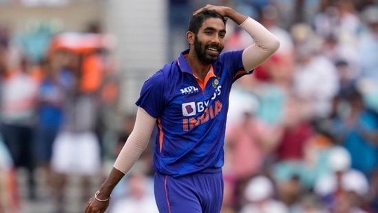 Jasprit Bumrah reacts after taking his sixth wicket during a cricket match between England and India(AP)