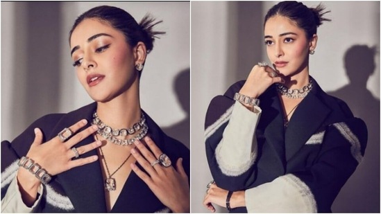 Ananya Panday earlier raised the fashion bars high with her uber cool and trendy look in a black and white oversized jacket paired with matching trousers.(Instagram/@ananyapanday)