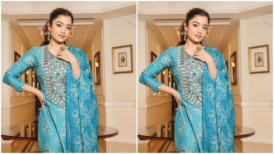 In a bright blue kurta with embellishments, and a pair of sharara with the same patterns, Rashmika looked festive ready.(Instagram/@rashmika_mandanna)