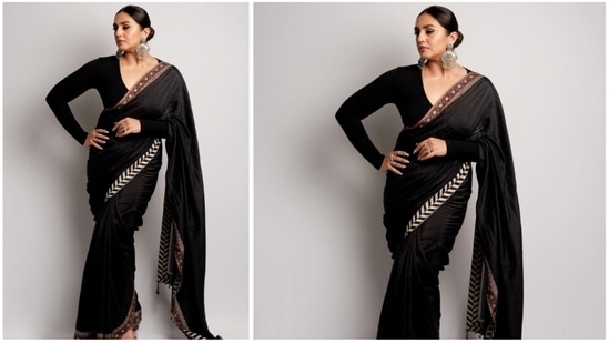 Buy Pre Stiched Black Saree With Full Sleeve Blouse by PREMYA BY MANISHII  at Ogaan Online Shopping Site