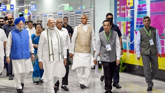 Prime Minister Narendra Modi on Friday flagged off the Gandhinagar-Mumbai Vande Bharat Express and travelled in it from the state capital to Kalupur railway station in Ahmedabad city.(PTI)