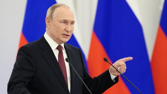 Russian President Vladimir Putin gestures during a ceremony to sign the treaties for four regions of Ukraine to join Russia, at the Kremlin in Moscow, Russia, Friday, Sept. 30, 2022. The signing of the treaties making the four regions part of Russia follows the completion of the Kremlin-orchestrated "referendums."&nbsp;(AP)