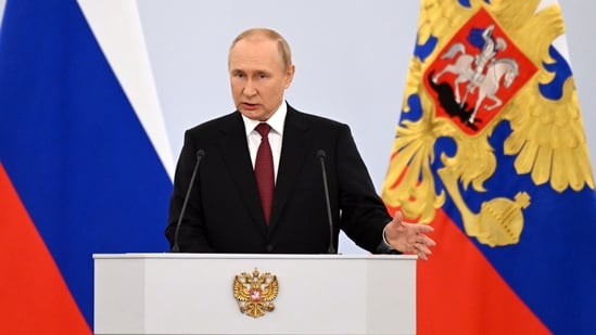 President Vladimir Putin speaks during celebrations marking the incorporation of regions of Ukraine to join Russia.(AP)
