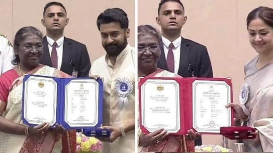 Suriya and Jyothika receiving awards at 68th National Film award. &nbsp;