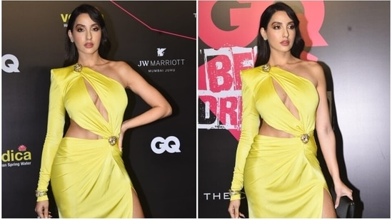 Nora Fatehi attends an awards show in yellow cut-out gown.&nbsp;