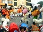 A group of Dhakis, traditional Bengali drummers, play drums as they wait to be hired at Durga Puja pandal on the eve of Durga Puja festival, in Kolkata.(Sudipta Banerjee (ANI Photo)) A group of Dhakis, traditional Bengali drummers, play drums as they wait to be hired at Durga Puja pandal on the eve of Durga Puja festival, in Kolkata.(Sudipta Banerjee (ANI Photo))
