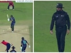 Aleem Dar suffered an injury scare after Pakistani batter Haider Ali accidentally struck the match umpire(Twitter @Pakistan Cricket) Aleem Dar suffered an injury scare after Pakistani batter Haider Ali accidentally struck the match umpire(Twitter @Pakistan Cricket)