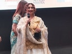 Divya Dutta, who won an award for her performance in the short film Sheer Qorma, speaking at the event.