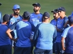 Indian captain Rohit Sharma with head coach Rahul Dravid and other teammates during a practice session(PTI) Indian captain Rohit Sharma with head coach Rahul Dravid and other teammates during a practice session(PTI)